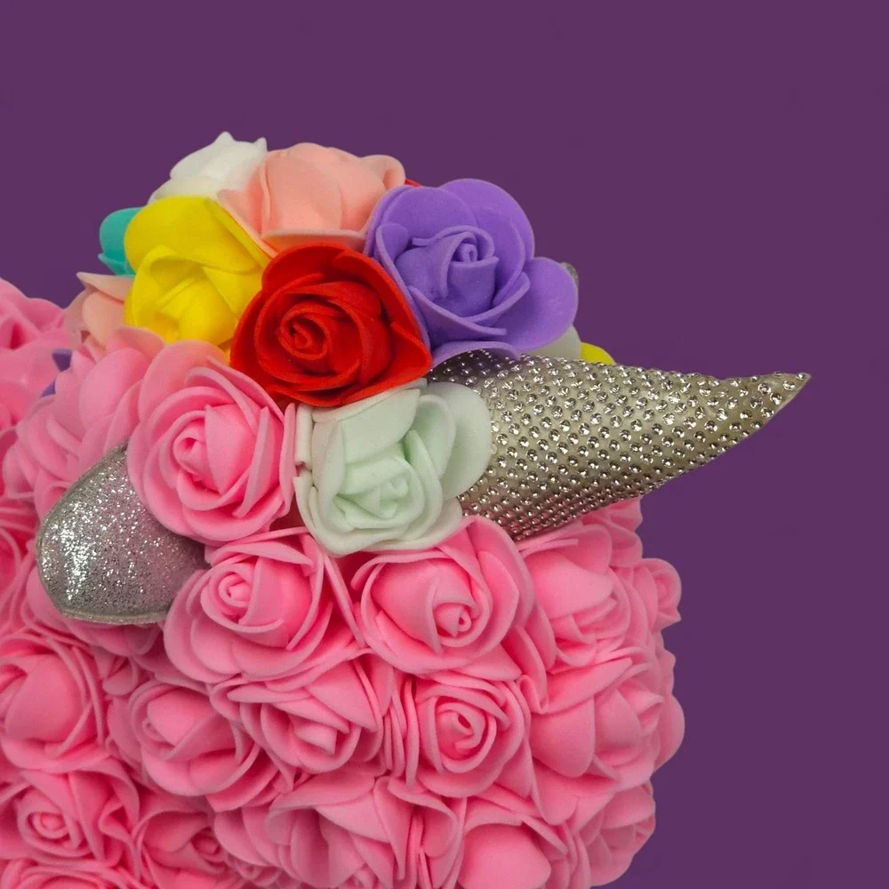 Rose Unicorn Gift - Pink Foam Flowers, Rainbow Mane, 